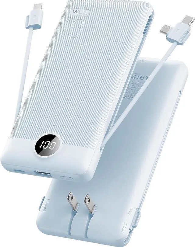 Main image of VRURC Portable Charger Built-in Cables and AC Wall Plug, USB C Power Bank 10000mAh, Travel Essentials Phone Charger Compact Lightweight External Battery Pack for Smart Phones, Tablets etc-Blue