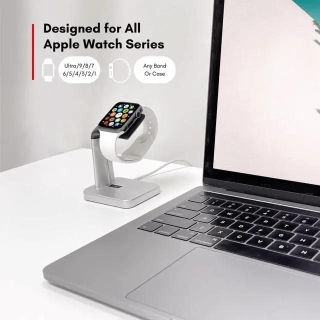 Alt view image 2 of 7 - Macally Apple Watch Stand for Series Ultra, 9, 8, 7, 6, 5, 4, 3, 2, 1, SE (44mm, 42mm, 40mm, 38mm) - Sleek Nightstand for Apple Watch Charger Stand Dock Holder - Sleek iWatch Charging Station - Silver