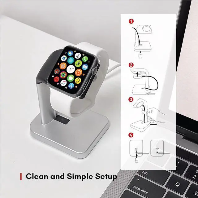 Alt view image 3 of 7 - Macally Apple Watch Stand for Series Ultra, 9, 8, 7, 6, 5, 4, 3, 2, 1, SE (44mm, 42mm, 40mm, 38mm) - Sleek Nightstand for Apple Watch Charger Stand Dock Holder - Sleek iWatch Charging Station - Silver