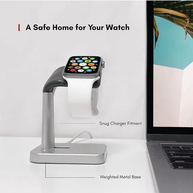 Alt view image 4 of 7 - Macally Apple Watch Stand for Series Ultra, 9, 8, 7, 6, 5, 4, 3, 2, 1, SE (44mm, 42mm, 40mm, 38mm) - Sleek Nightstand for Apple Watch Charger Stand Dock Holder - Sleek iWatch Charging Station - Silver