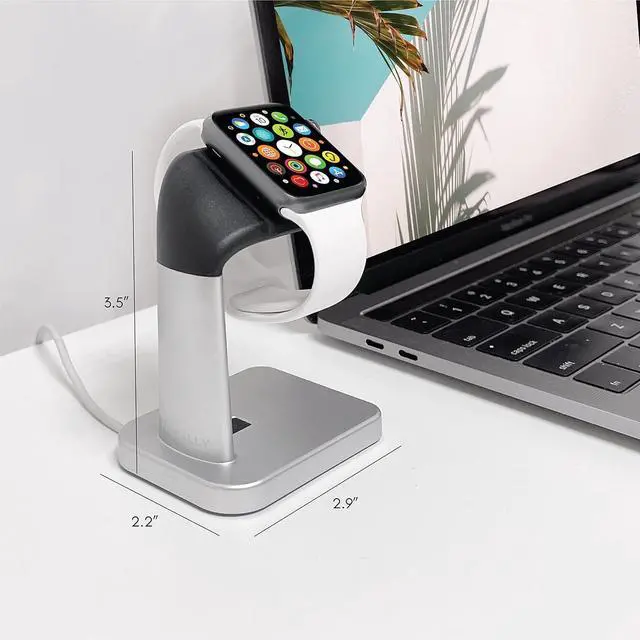 Alt view image 6 of 7 - Macally Apple Watch Stand for Series Ultra, 9, 8, 7, 6, 5, 4, 3, 2, 1, SE (44mm, 42mm, 40mm, 38mm) - Sleek Nightstand for Apple Watch Charger Stand Dock Holder - Sleek iWatch Charging Station - Silver