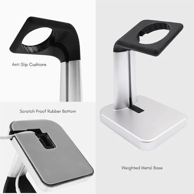 Alt view image 5 of 7 - Macally Apple Watch Stand for Series Ultra, 9, 8, 7, 6, 5, 4, 3, 2, 1, SE (44mm, 42mm, 40mm, 38mm) - Sleek Nightstand for Apple Watch Charger Stand Dock Holder - Sleek iWatch Charging Station - Silver