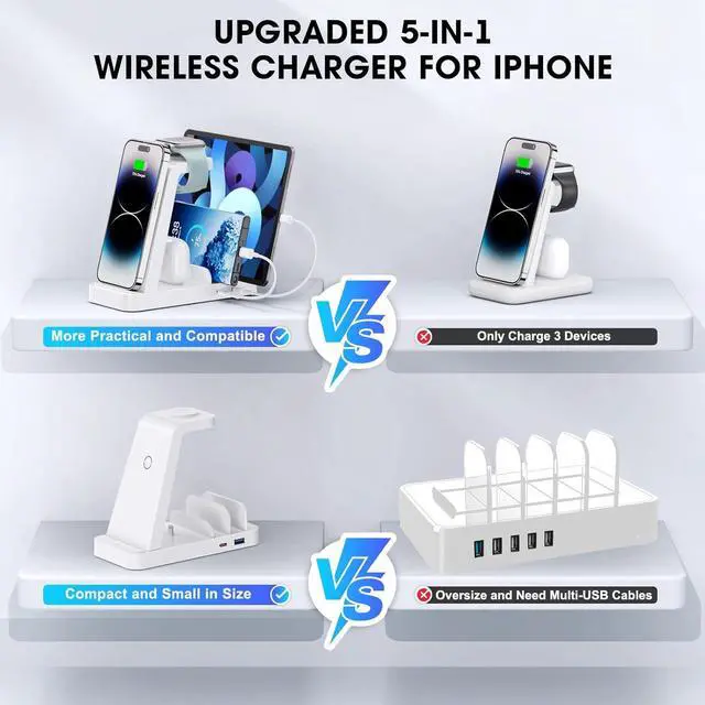 Alt view image 2 of 6 - Wireless Charger for iPhone - 5 in 1 Charging Station for Multiple Devices Apple: Fast Wireless Charging Stand Dock for iPhone 15 14 13 12 Pro Max Apple Watch Airpods(White)