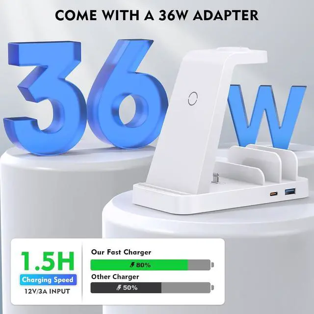 Alt view image 4 of 6 - Wireless Charger for iPhone - 5 in 1 Charging Station for Multiple Devices Apple: Fast Wireless Charging Stand Dock for iPhone 15 14 13 12 Pro Max Apple Watch Airpods(White)