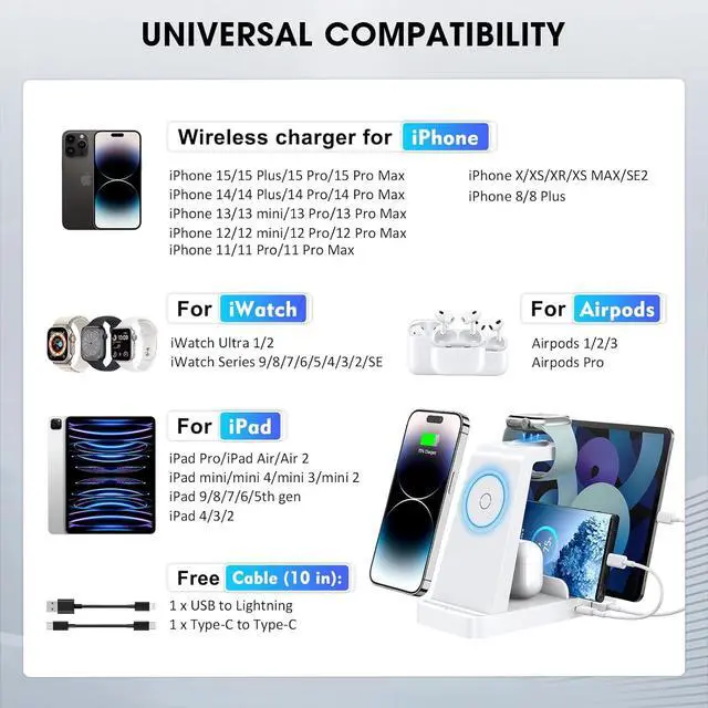 Alt view image 3 of 6 - Wireless Charger for iPhone - 5 in 1 Charging Station for Multiple Devices Apple: Fast Wireless Charging Stand Dock for iPhone 15 14 13 12 Pro Max Apple Watch Airpods(White)
