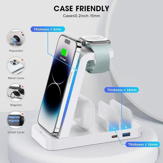 Alt view image 6 of 6 - Wireless Charger for iPhone - 5 in 1 Charging Station for Multiple Devices Apple: Fast Wireless Charging Stand Dock for iPhone 15 14 13 12 Pro Max Apple Watch Airpods(White)