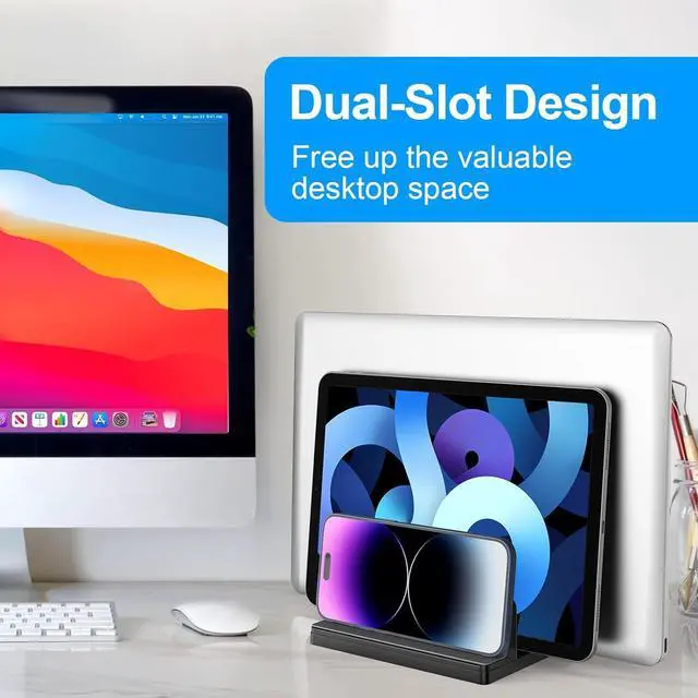 Alt view image 2 of 7 - Vertical Laptop Stand Laptop Holder with Adjustable Dock ABS Plastic Dual Slots Computer Holder Compatible with Smartphones Tablet Book Document Laptops(Up to 17.3 inches) and More