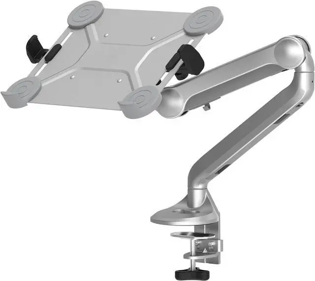 Main image of 2 in 1 Function Laptop tray for monitor arm  Height Adjustable Aluminum Laptop Desk Mount Stand with Single Gas Spring Arm for 13.1-16 inch Notebook and up to 32 inch LCD Computer Screen - Silver