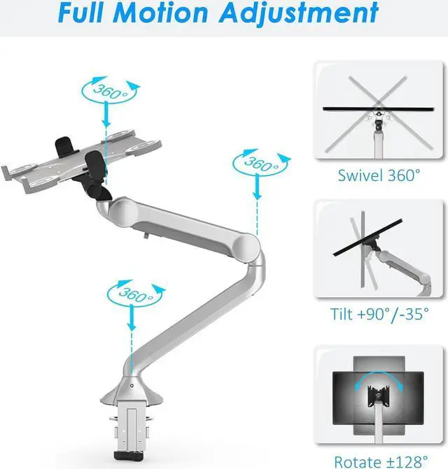 Alt view image 2 of 7 - 2 in 1 Function Laptop tray for monitor arm  Height Adjustable Aluminum Laptop Desk Mount Stand with Single Gas Spring Arm for 13.1-16 inch Notebook and up to 32 inch LCD Computer Screen - Silver