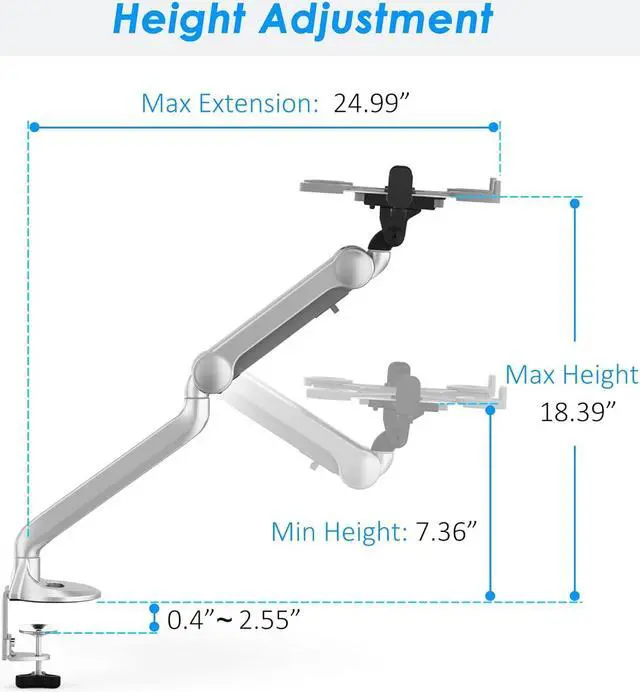 Alt view image 3 of 7 - 2 in 1 Function Laptop tray for monitor arm  Height Adjustable Aluminum Laptop Desk Mount Stand with Single Gas Spring Arm for 13.1-16 inch Notebook and up to 32 inch LCD Computer Screen - Silver