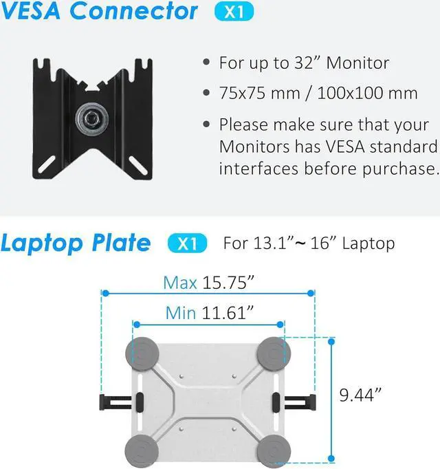 Alt view image 4 of 7 - 2 in 1 Function Laptop tray for monitor arm  Height Adjustable Aluminum Laptop Desk Mount Stand with Single Gas Spring Arm for 13.1-16 inch Notebook and up to 32 inch LCD Computer Screen - Silver