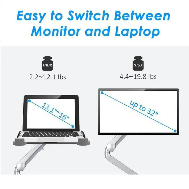 Alt view image 5 of 7 - 2 in 1 Function Laptop tray for monitor arm  Height Adjustable Aluminum Laptop Desk Mount Stand with Single Gas Spring Arm for 13.1-16 inch Notebook and up to 32 inch LCD Computer Screen - Silver