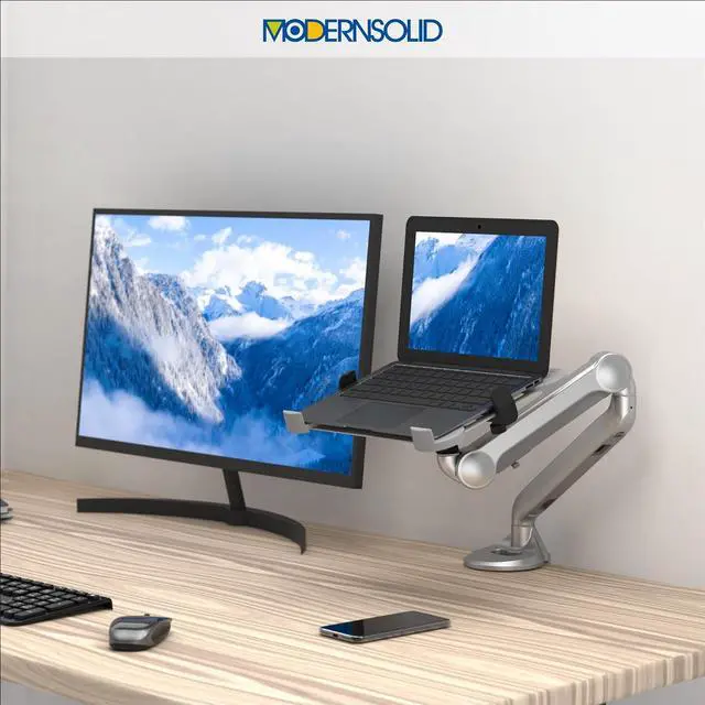 Alt view image 7 of 7 - 2 in 1 Function Laptop tray for monitor arm  Height Adjustable Aluminum Laptop Desk Mount Stand with Single Gas Spring Arm for 13.1-16 inch Notebook and up to 32 inch LCD Computer Screen - Silver