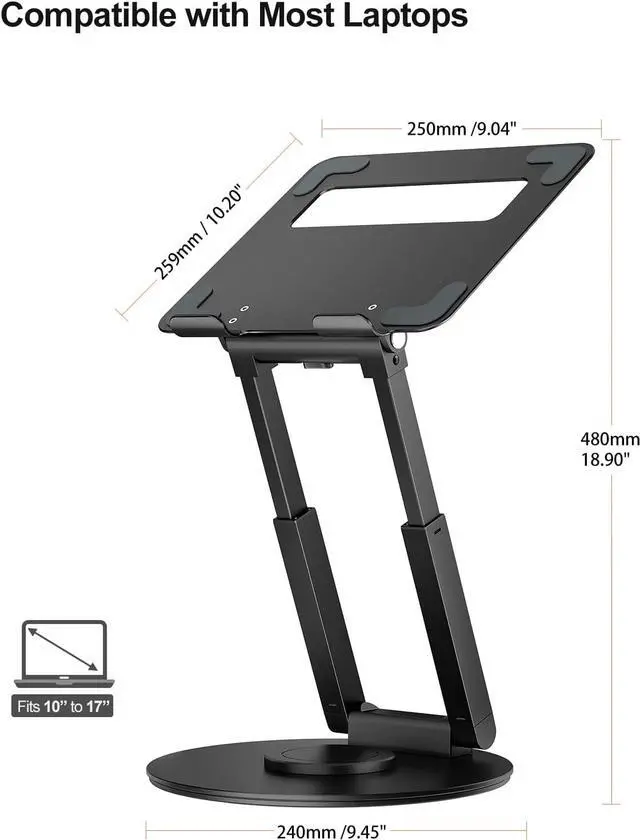 Alt view image 5 of 6 - tounee Telescopic Laptop Stand for Desk with 360° Swivel Base, Sit to Stand, Height Adjustable, Portable Riser Holder for Good Posture, Compatible with MacBook Pro, All Laptops 10-17" - Black