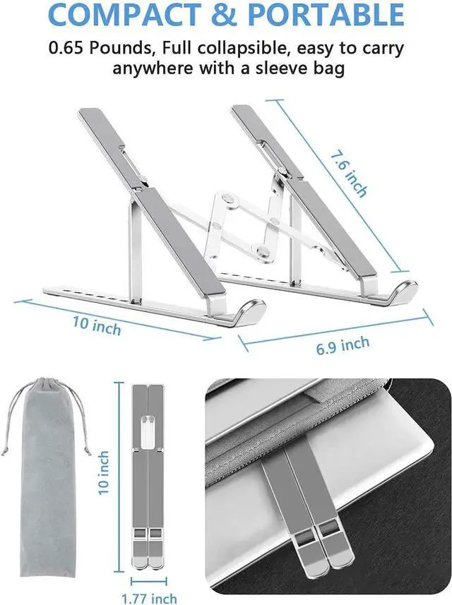 Alt view image 3 of 7 - Laptop Stand, Adjustable Aluminum Foldable Portable Holder, Upgrade Whole Anti-Slip Silicone Pad, Laptop Riser for Desk Compatible with MacBook Air Pro/iPad, Lenovo and More 10-15.6 Tablets