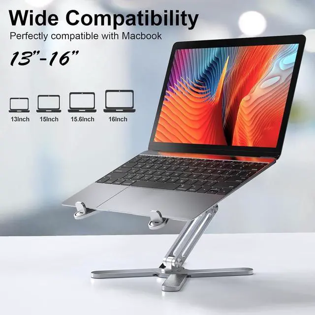Alt view image 4 of 6 - Adjustable Laptop Stand with 360 Rotating Base, Aluminum Laptop Riser for Desk Foldable, Ergonomic Notebook Stand Holder Compatible with iPad and MacBook/All Laptops up to 16 inches - Silver