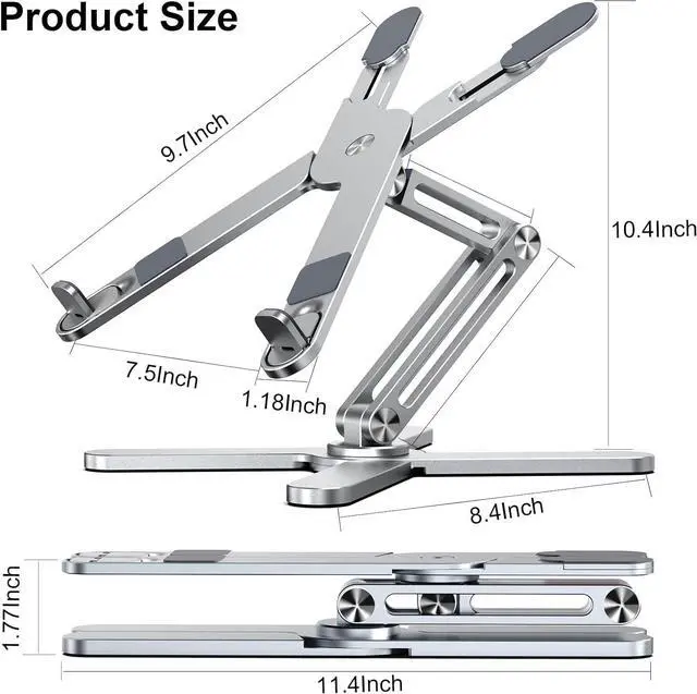 Alt view image 6 of 6 - Adjustable Laptop Stand with 360 Rotating Base, Aluminum Laptop Riser for Desk Foldable, Ergonomic Notebook Stand Holder Compatible with iPad and MacBook/All Laptops up to 16 inches - Silver