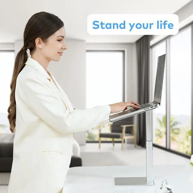 Alt view image 2 of 7 - Laptop Stand for Desk, Ergonomic Aluminum Laptop Stand Adjustable Height from 7-15", Sitting and Standing Laptop Riser for 10-17" Notebook (Silver)
