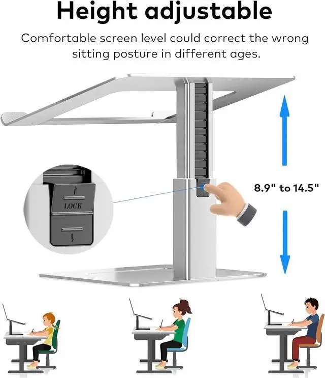 Alt view image 3 of 7 - Laptop Stand for Desk, Ergonomic Aluminum Laptop Stand Adjustable Height from 7-15", Sitting and Standing Laptop Riser for 10-17" Notebook (Silver)