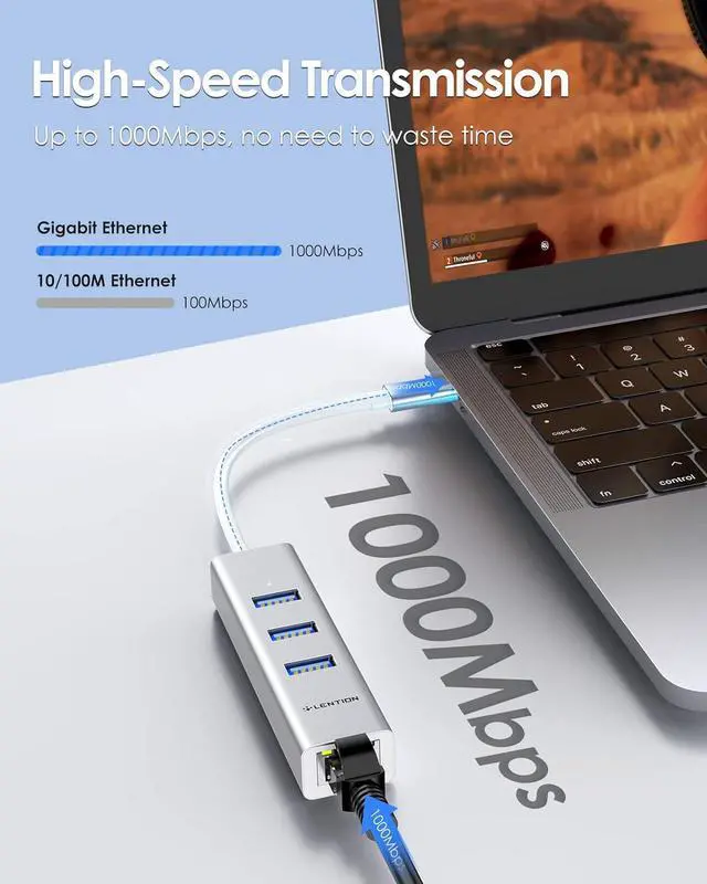 Alt view image 3 of 7 - LENTION USB C Hub Ethernet Adapter, 3 USB 3.0 Ports, RJ45 Network Connector for 2023-2016 MacBook Pro, New Mac Air/iPad Pro, Chromebook, More, Stable Driver Certified (CB-C23s, Silver)
