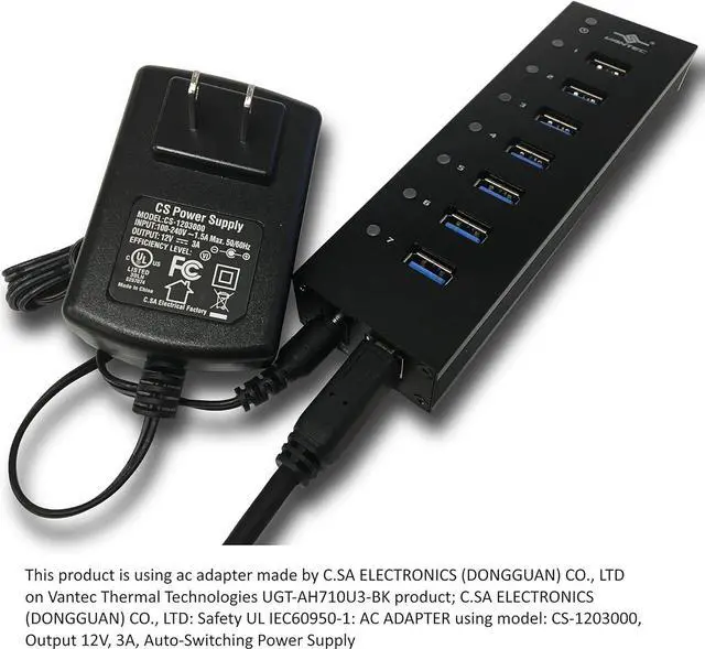 Alt view image 3 of 7 - Vantec 7-Port USB 3.0 Hub, Aluminum, Full Powered, Mountable, with All Ports Data & Charging Up to 1.5A, BC 1.2, Premium 12V/3A, 36W Power Adapter (UGT-AH710U3-BK),Black