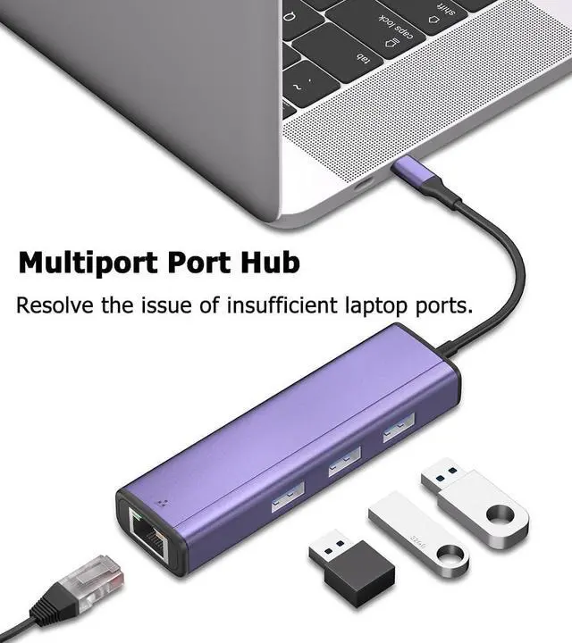 Alt view image 2 of 6 - IVSHOWCO 4 in 1 USB and Type C Multi-Port Hub with RJ45 1000 Mbps Interface, 3 USB 3.0 Ports, Compatible with MacBook Air/Pro, iMac, iPad Pro, for iPhone 15 USB C 3.0 to Ethernet Adapter, Purple