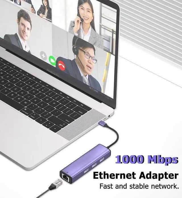 Alt view image 4 of 6 - IVSHOWCO 4 in 1 USB and Type C Multi-Port Hub with RJ45 1000 Mbps Interface, 3 USB 3.0 Ports, Compatible with MacBook Air/Pro, iMac, iPad Pro, for iPhone 15 USB C 3.0 to Ethernet Adapter, Purple