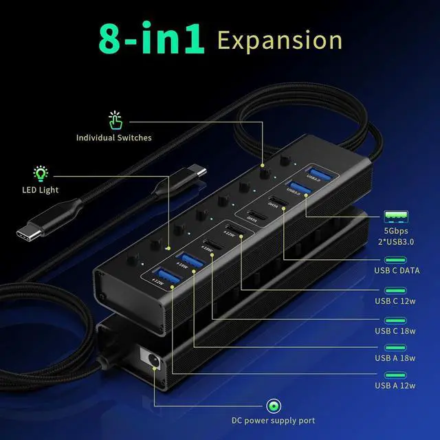 Alt view image 2 of 5 - USB 3.0 Hub, 8 in 1 Powered USB Hub Adapter with 2 USB-A 3.0 Ports, 2 USB-C Data Ports, 4 Charging Ports, 65W Power Adapter, Individual On/Off Switches, USB Hub Splitter for Laptop/PC