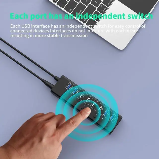 Alt view image 4 of 5 - USB 3.0 Hub, 8 in 1 Powered USB Hub Adapter with 2 USB-A 3.0 Ports, 2 USB-C Data Ports, 4 Charging Ports, 65W Power Adapter, Individual On/Off Switches, USB Hub Splitter for Laptop/PC