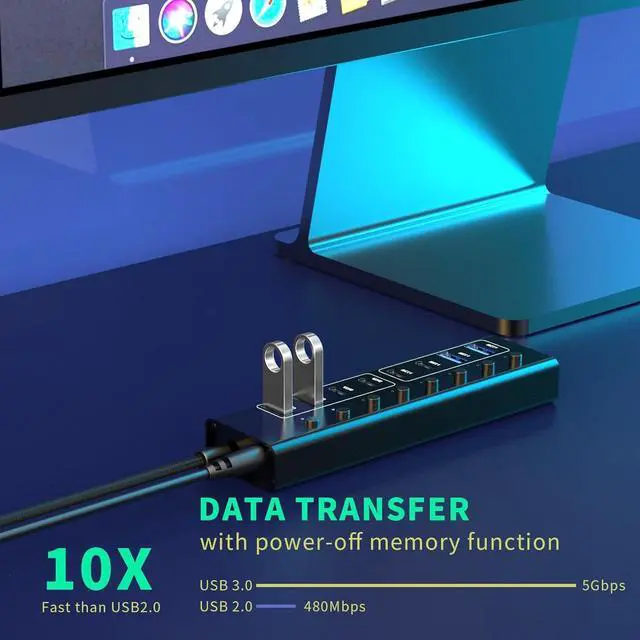 Alt view image 5 of 5 - USB 3.0 Hub, 8 in 1 Powered USB Hub Adapter with 2 USB-A 3.0 Ports, 2 USB-C Data Ports, 4 Charging Ports, 65W Power Adapter, Individual On/Off Switches, USB Hub Splitter for Laptop/PC