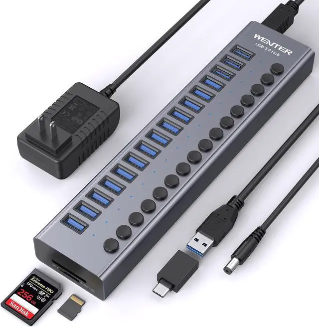 Main image of Powered USB Hub - WENTER 16 Ports USB 3.0 Hub, 5 Gbps Data Port, Aluminum Housing, Individual On/Off Switches, 12V/3A Power Adapter, Multiport Powered USB 3.0 Hub for PC, Laptop, Computer, Mobile HDD