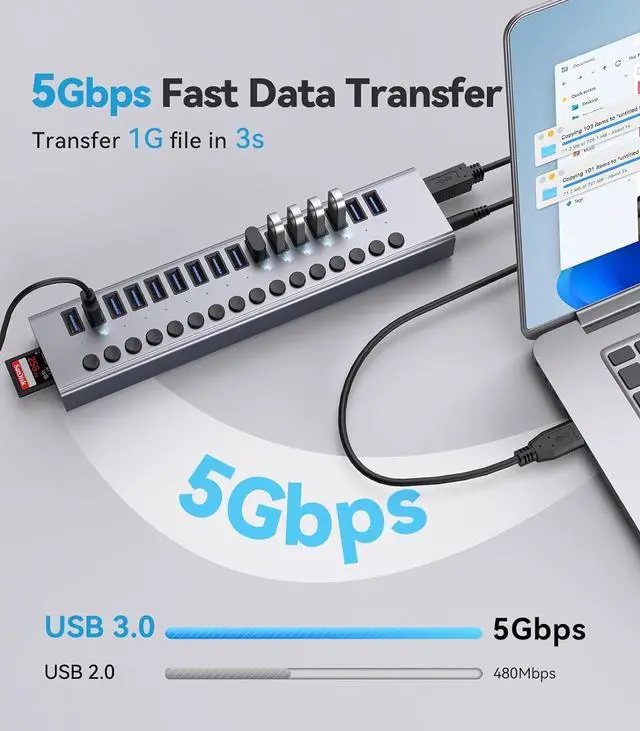 Alt view image 2 of 7 - Powered USB Hub - WENTER 16 Ports USB 3.0 Hub, 5 Gbps Data Port, Aluminum Housing, Individual On/Off Switches, 12V/3A Power Adapter, Multiport Powered USB 3.0 Hub for PC, Laptop, Computer, Mobile HDD