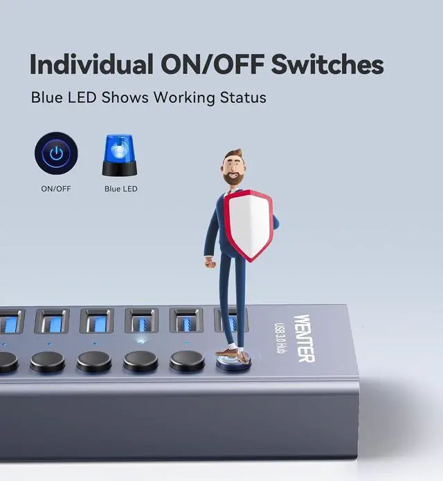 Alt view image 3 of 7 - Powered USB Hub - WENTER 16 Ports USB 3.0 Hub, 5 Gbps Data Port, Aluminum Housing, Individual On/Off Switches, 12V/3A Power Adapter, Multiport Powered USB 3.0 Hub for PC, Laptop, Computer, Mobile HDD