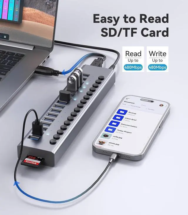 Alt view image 4 of 7 - Powered USB Hub - WENTER 16 Ports USB 3.0 Hub, 5 Gbps Data Port, Aluminum Housing, Individual On/Off Switches, 12V/3A Power Adapter, Multiport Powered USB 3.0 Hub for PC, Laptop, Computer, Mobile HDD