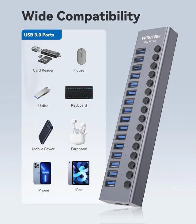 Alt view image 6 of 7 - Powered USB Hub - WENTER 16 Ports USB 3.0 Hub, 5 Gbps Data Port, Aluminum Housing, Individual On/Off Switches, 12V/3A Power Adapter, Multiport Powered USB 3.0 Hub for PC, Laptop, Computer, Mobile HDD