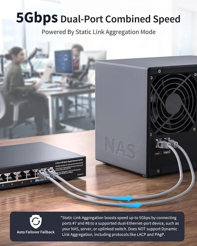 Alt view image 5 of 6 - 8-Port 2.5G Ethernet Switch Multi-Gigabit Unmanaged Network Switch 2.5Gb Switch Supports Static Link Aggregation & VLAN, Ethernet Hub Fanless, Desktop Wall Mount, Limited Lifetime Protection