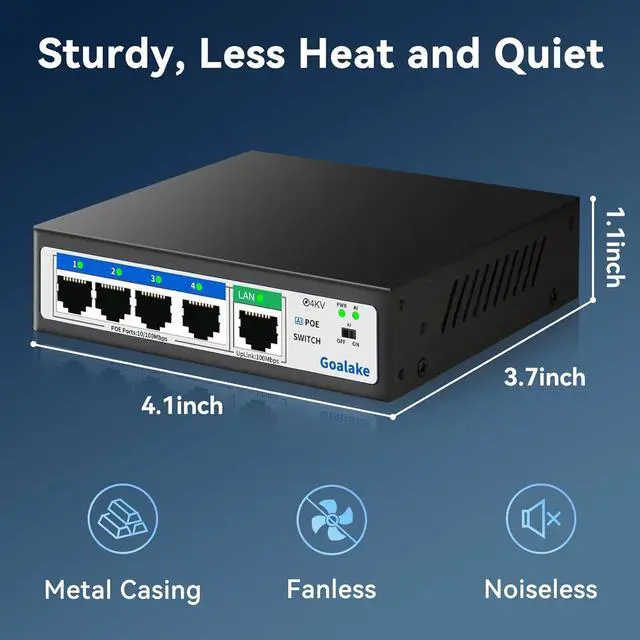 Alt view image 6 of 7 - Poe Switch , 5 Port (4 Port Poe Switch + 1 Uplink Port), Ethernet Unmanaged Switch 802.3af/at PoE 100Mbps, 52W for All PoE Ports, AI Extended to 250m, Ideal for IP Camera and Access Point