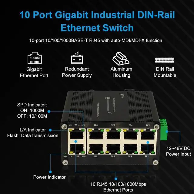Alt view image 2 of 7 - Industrial 10 Port Gigabit Ethernet Switch, RJ45 10/100/1000Mbps Mini Din Rail Mount Ethernet Switch, 12-48V DC Hardened Unmanaged Network Switch 20Gbps Switching Capacity