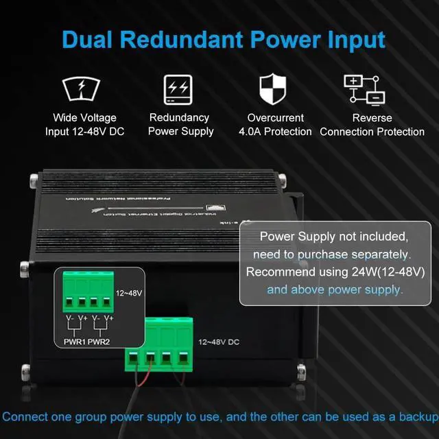 Alt view image 3 of 7 - Industrial 10 Port Gigabit Ethernet Switch, RJ45 10/100/1000Mbps Mini Din Rail Mount Ethernet Switch, 12-48V DC Hardened Unmanaged Network Switch 20Gbps Switching Capacity