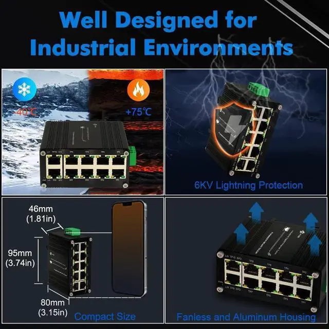 Alt view image 6 of 7 - Industrial 10 Port Gigabit Ethernet Switch, RJ45 10/100/1000Mbps Mini Din Rail Mount Ethernet Switch, 12-48V DC Hardened Unmanaged Network Switch 20Gbps Switching Capacity