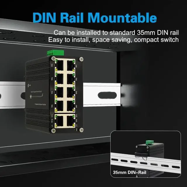 Alt view image 7 of 7 - Industrial 10 Port Gigabit Ethernet Switch, RJ45 10/100/1000Mbps Mini Din Rail Mount Ethernet Switch, 12-48V DC Hardened Unmanaged Network Switch 20Gbps Switching Capacity
