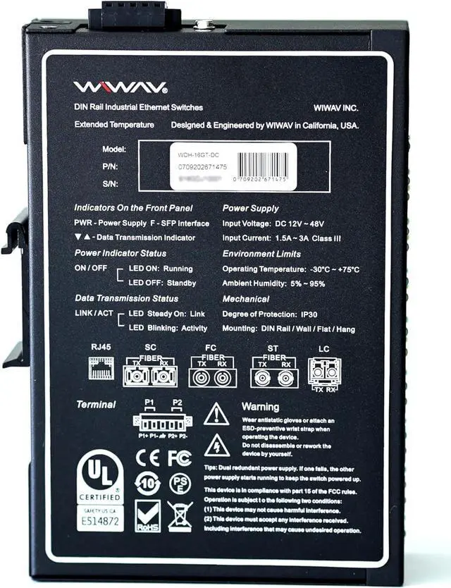 Alt view image 2 of 5 - WIWAV WDH-16GT-DC 10/100/1000Mbps Unmanaged 16-Port Gigabit Industrial Ethernet Switches with DIN Rail/Wall-Mount (UL Listed, Fanless, -30°C~75°C)