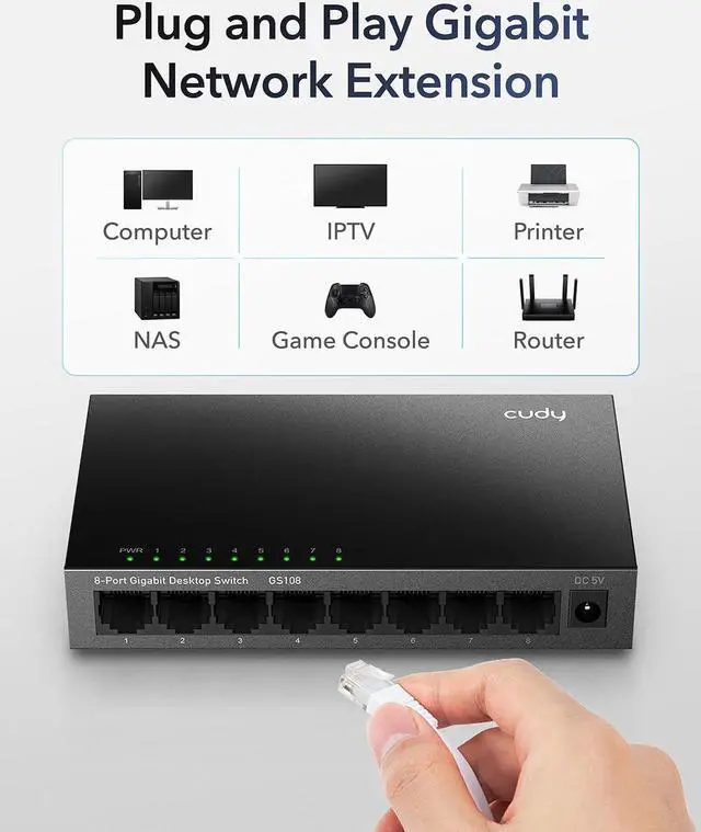 Alt view image 2 of 7 - Cudy GS108 8 Port Gigabit Unmanaged Ethernet Network Switch , Ethernet Splitter Plug & Play Fanless Metal Design Shielded Ports Traffic Optimization
