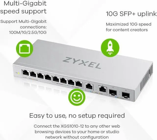 Alt view image 3 of 6 - Zyxel 12-Port Multi-Gigabit Ethernet Unmanaged Switch | 2 x 2.5G | 2 x 10G SFP+ Fiber | 8 x GbE Ports | Plug & Play | Desktop or Wall-Mount | Ethernet Splitter | Limited XGS1010-12