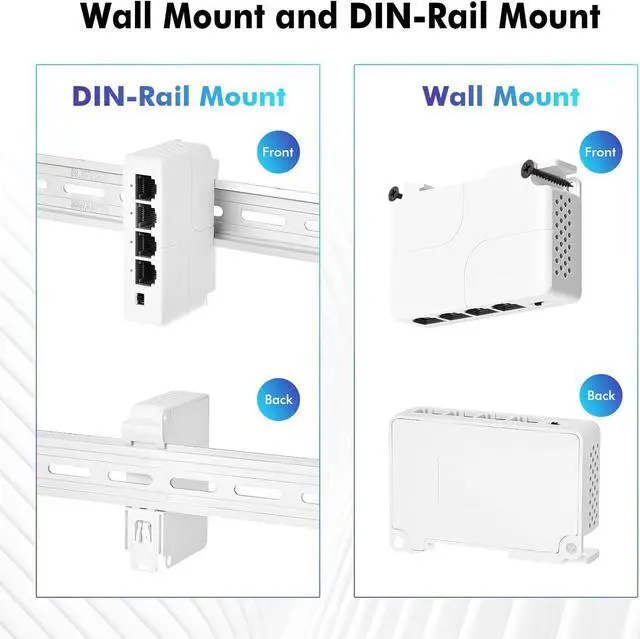 Alt view image 5 of 7 - MokerLink 4 Port PoE Extender, IEEE 802.3 af/at Repeater, 100Mbps, 1 in 3 Out, Wall & Din Rail Mount Passthrough Switch