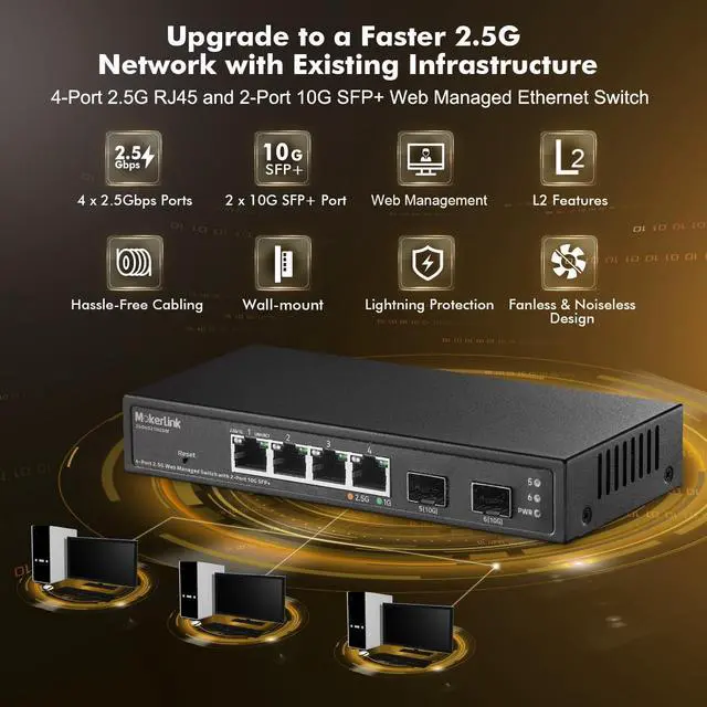 Alt view image 2 of 7 - MokerLink 4 Port 2.5G Managed Switch with 2 Port 10G SFP+ Slot, 4 x 2.5Gigabit Base-T Ports Compatible with 10/100/1000Mbps, Mini Size Metal Web Managed Fanless Network Switch