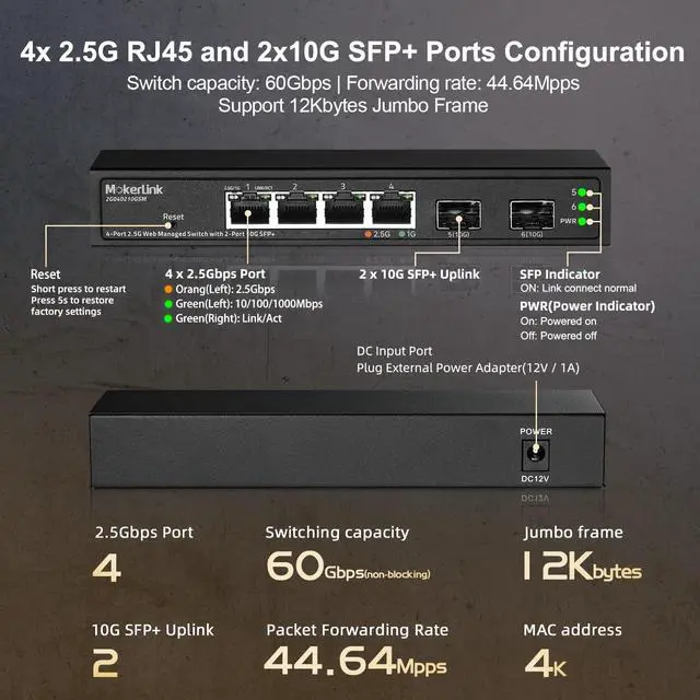Alt view image 4 of 7 - MokerLink 4 Port 2.5G Managed Switch with 2 Port 10G SFP+ Slot, 4 x 2.5Gigabit Base-T Ports Compatible with 10/100/1000Mbps, Mini Size Metal Web Managed Fanless Network Switch