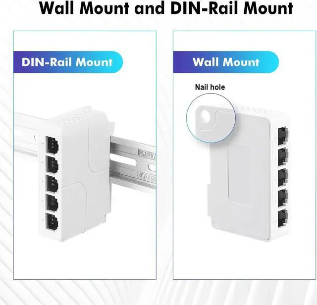 Alt view image 5 of 7 - MokerLink 5 Port PoE Extender, IEEE 802.3 af/at/bt 90W PoE Repeater, 10/100/Mbps, 1 PoE in 4 PoE Out, Wall & Din Rail Mount POE Passthrough Switch