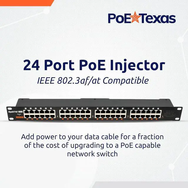 Main image of PoE Texas 24 Port PoE Injector - Multi-Port PoE Gigabit Rack Mount Midspan for IP Cameras, Phones, WiFi AP, Add Power Over Ethernet to Non-PoE Switch or Network Router, Includes 56v 240w Power Supply