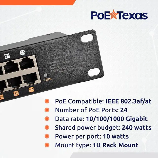 Alt view image 2 of 6 - PoE Texas 24 Port PoE Injector - Multi-Port PoE Gigabit Rack Mount Midspan for IP Cameras, Phones, WiFi AP, Add Power Over Ethernet to Non-PoE Switch or Network Router, Includes 56v 240w Power Supply